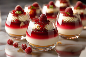 Gourmet layered desserts in avant-garde glassware with fruit purees, silky creams, and sponge cake, arranged in a rhythmic pattern with high-contrast lighting and luxurious garnishes Generative AI