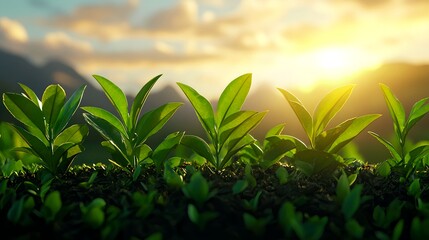 Fresh Green Leaves Bathed in Warm Sunrise Light Over the Horizon
