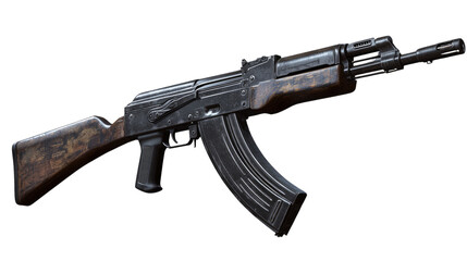 AK-47 Assault Rifle: A close-up view of a classic AK-47 assault rifle, showcasing its rugged design and powerful presence.