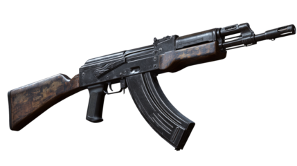 AK-47 Assault Rifle: A close-up view of a classic AK-47 assault rifle, showcasing its rugged design and powerful presence.