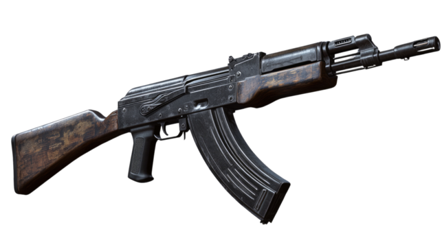 AK-47 Assault Rifle: A close-up view of a classic AK-47 assault rifle, showcasing its rugged design and powerful presence.