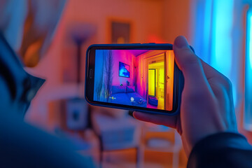 Technician using thermal imaging camera on smartphone to detect heat loss in house