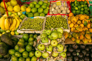 Fruits and vegetables at a local market in Sri lanka. Tropical or exotic fruits on the street in Asia.
