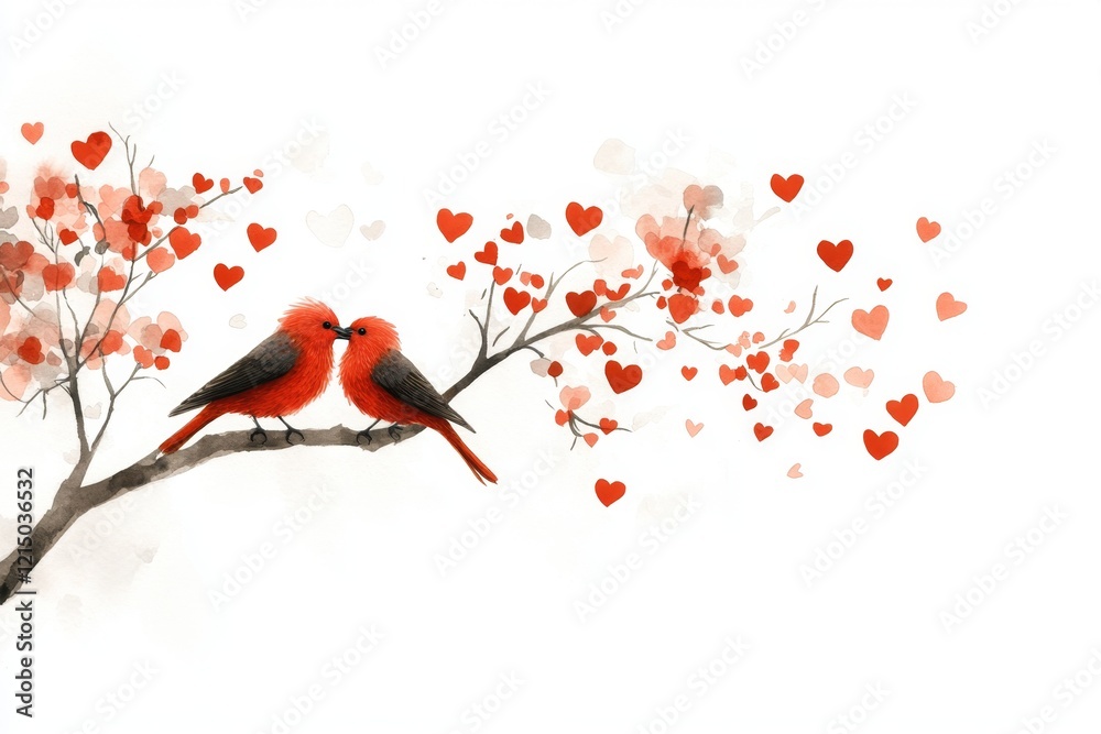 Poster a simple 2d illustration of a pair of lovebirds sitting on a branch, surrounded by floating hearts o
