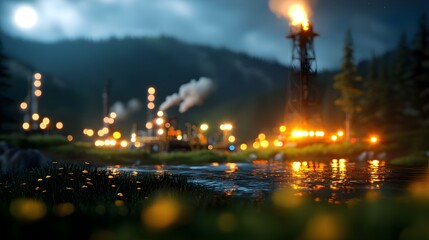Fototapeta premium Scenic View of Oil Refinery Near River Under A Moonlit Sky