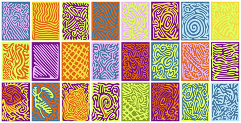 Set of colorful abstract seamless patterns with vintage curved lines texture.