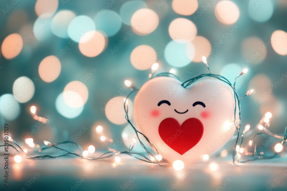 Poster A simple illustration of a heart with a smiling face, surrounded by soft, glowing lines that symbolize joy