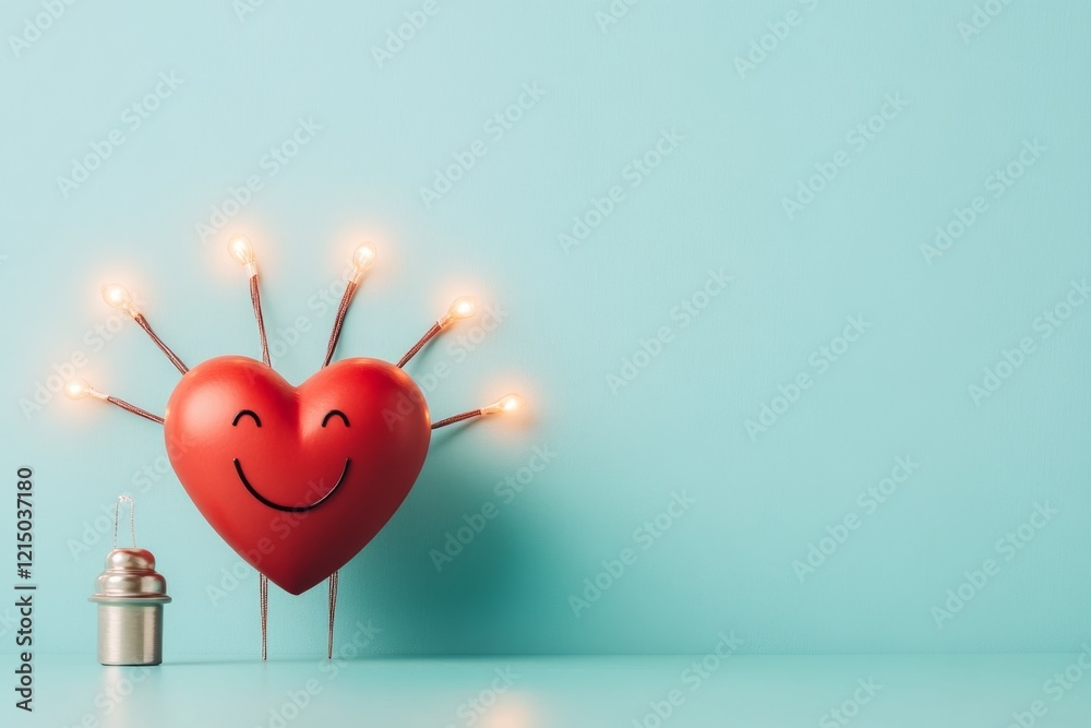 Poster a simple illustration of a heart with a smiling face, surrounded by soft, glowing lines that symboli