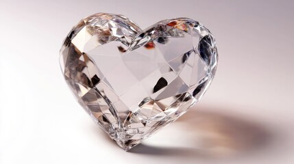 A 3D transparent crystal heart with intricate reflections and refractions, floating on a white background.