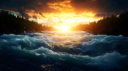 Majestic Sunset Over Raging River With Vibrant Waves and Sky