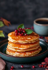 Delicious Stack of Pancakes with Syrup and Berries on Rustic Table Setting