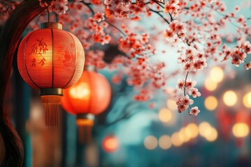 Chinese New Year celebration with vibrant red lanterns hanging from cherry blossom branches, glowing softly in the evening, creating a warm, festive atmosphere for the holiday season