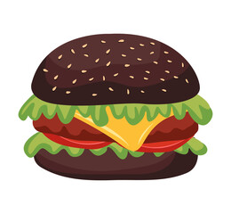 Vector illustration of juicy black hamburger with cheese and patty. National hamburger day. Fast food on white background.