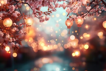 Chinese New Year celebration with glowing lanterns hanging from cherry blossom branches, creating a warm and festive ambiance for the holiday season.