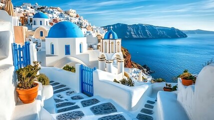 Fototapeta premium Santorini Island Greek Architecture Blue Domes Whitewashed Buildings
