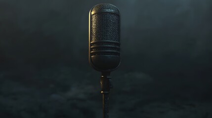 A Vintage Microphone Stands Alone In The Dark