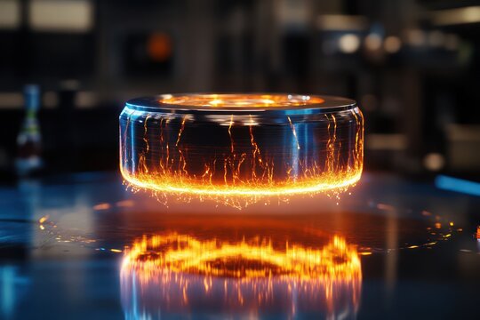 A close-up of a superconductor levitating in a magnetic field, with glowing energy lines surrounding it and showing the flow of electric current in a futuristic lab
