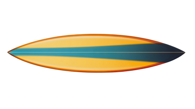 Surfboard Icon: A vibrant yellow and blue surfboard with a blue fin, isolated against a transparent background. The surfboard is in the classic longboard shape.