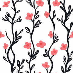 Seamless pattern of branch and flowers in wavy and vintage style