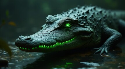 Fototapeta premium Futuristic Crocodile Head with Glowing Green Details