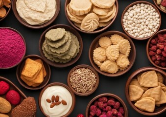 Vibrant Holi and Passover Fusion Traditional Sweets and Snacks on Rustic Black Platter - Spring Festival Dining and Food Industry Marketing for Modern Culinary Fusion