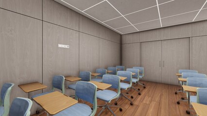 Modern Minimalist Classroom with Wood paneling and sleek Lighting Design