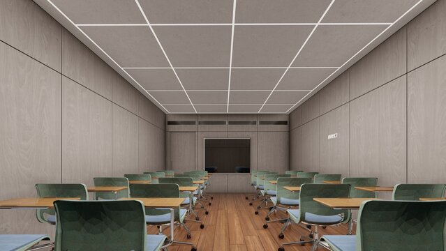 Modern Minimalist Classroom with Wood paneling and sleek Lighting Design