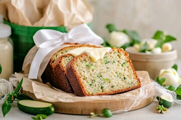 A slice of warm zucchini bread being spread with butter, with steam gently rising