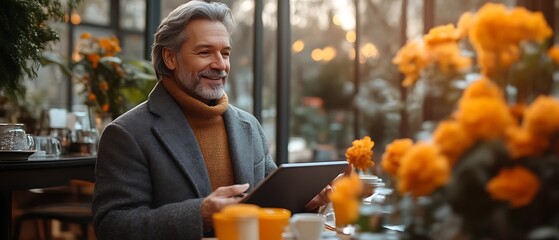 Happy senior man using tablet in cafe.