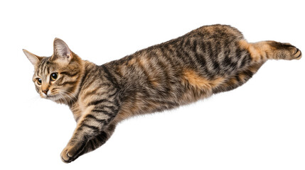 Stretching Tabby Cat: A charming tabby cat with striking brown and orange stripes lies gracefully on its side, paws extended in a relaxed and playful pose. The cat's expression is alert and engaging.