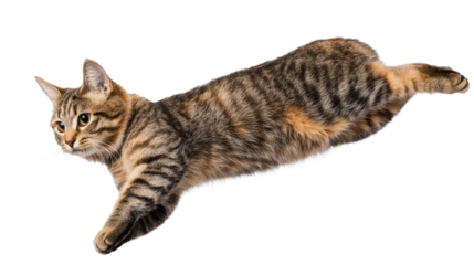 Stretching Tabby Cat: A charming tabby cat with striking brown and orange stripes lies gracefully on its side, paws extended in a relaxed and playful pose. The cat's expression is alert and engaging.