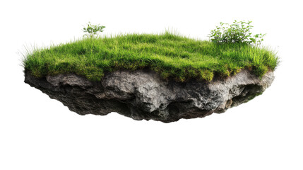 Floating Island: A surreal, lush patch of grass sprouts atop a rocky islet, seemingly floating in mid-air, offering a whimsical and dreamlike image.  