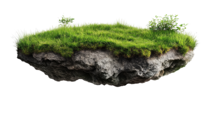 Floating Island: A surreal, lush patch of grass sprouts atop a rocky islet, seemingly floating in mid-air, offering a whimsical and dreamlike image.  