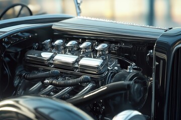 Fototapeta premium A detailed close-up view of a classic car engine showcasing its intricate components and vintage design. car engine with black hoses .