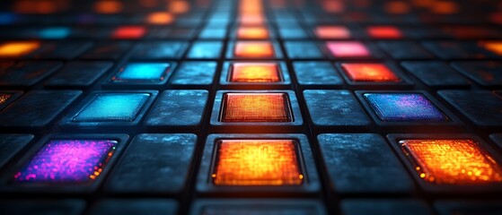 Glowing colorful squares on dark metallic grid.