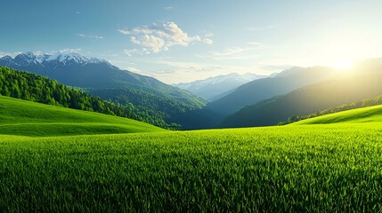 Fototapeta premium Scenic Sunrise Over Lush Green Valley and Majestic Mountains