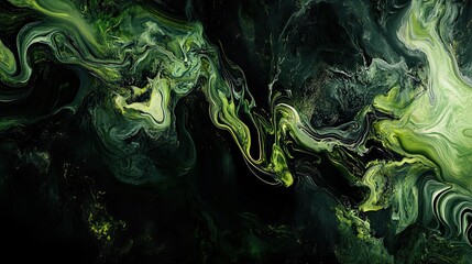 Abstract dark green fluid art with swirling motion and a mystical dark ambiance