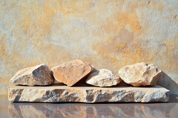Stones display, textured wall, sunlight, reflection, home decor