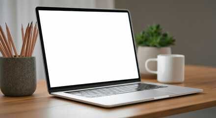 Fototapeta premium Mockup of a laptop on a wooden desk with a blank screen and plants