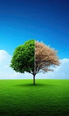 Contrast of Seasons: A Split Tree Representing Change from Vibrant Green to Dry Brown Against a Clear Sky