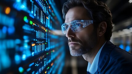 Focused IT specialist analyzing server data.