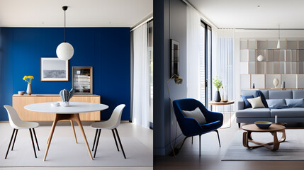 Minimalist Minimalist Modern Interior With Bright Colors in City Apartment, in the style of gold and blue

