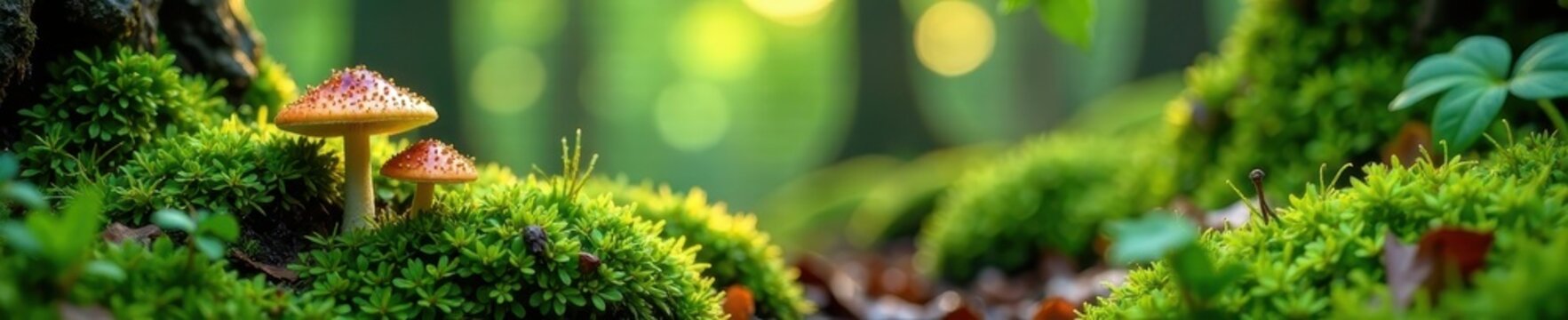 Mossy forest floor with Parasolpilz mushrooms, woodland, nature