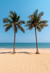 Obraz premium Serene Beach Scene with Two Palm Trees and Tranquil Ocean View under Clear Sky