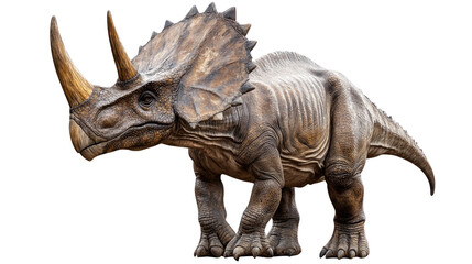 Fototapeta premium Triceratops Dinosaur: A detailed model of a Triceratops, a powerful herbivore known for its three horns and frill, showcasing its ancient grandeur and impressive physical attributes. 