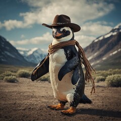 A penguin dressed as a cowboy with a lasso.