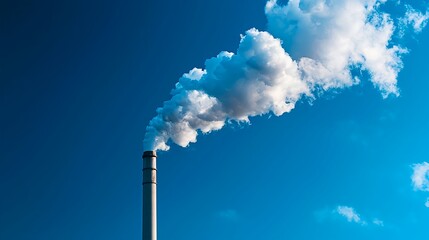 Smokestack Emitting White Smoke Against Clear Blue Sky Background