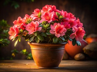 Fototapeta premium Low Light Azalea Blossom in Terracotta Pot - Stunning Night Photography
