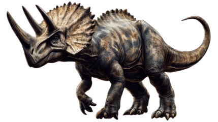 Triceratops:  A mighty Triceratops dinosaur, its horns and frill a formidable defense, stands poised for a dramatic pose, ready for action in this digitally rendered image.