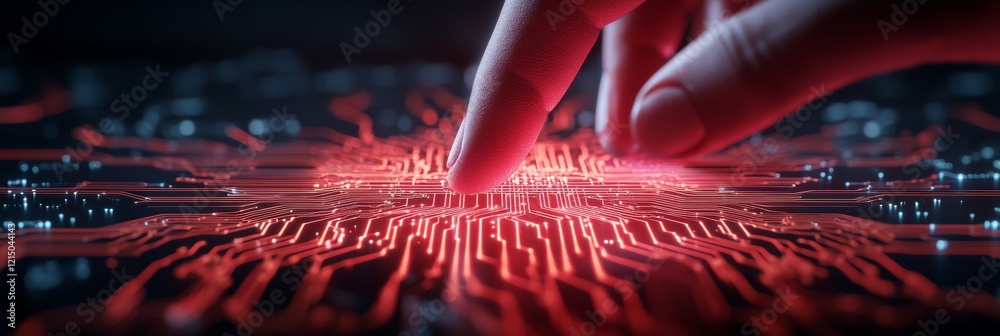 Leinwandbilder futuristic cyber aesthetic hand interacting with digital circuit, illuminated neon interface for it 